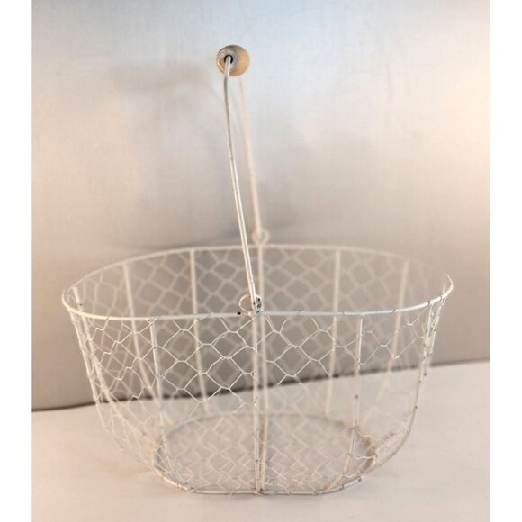 White Wire Mesh Basket With Wooden Handle Decorative Storage Home Organizer Farm - Picture 9 of 14